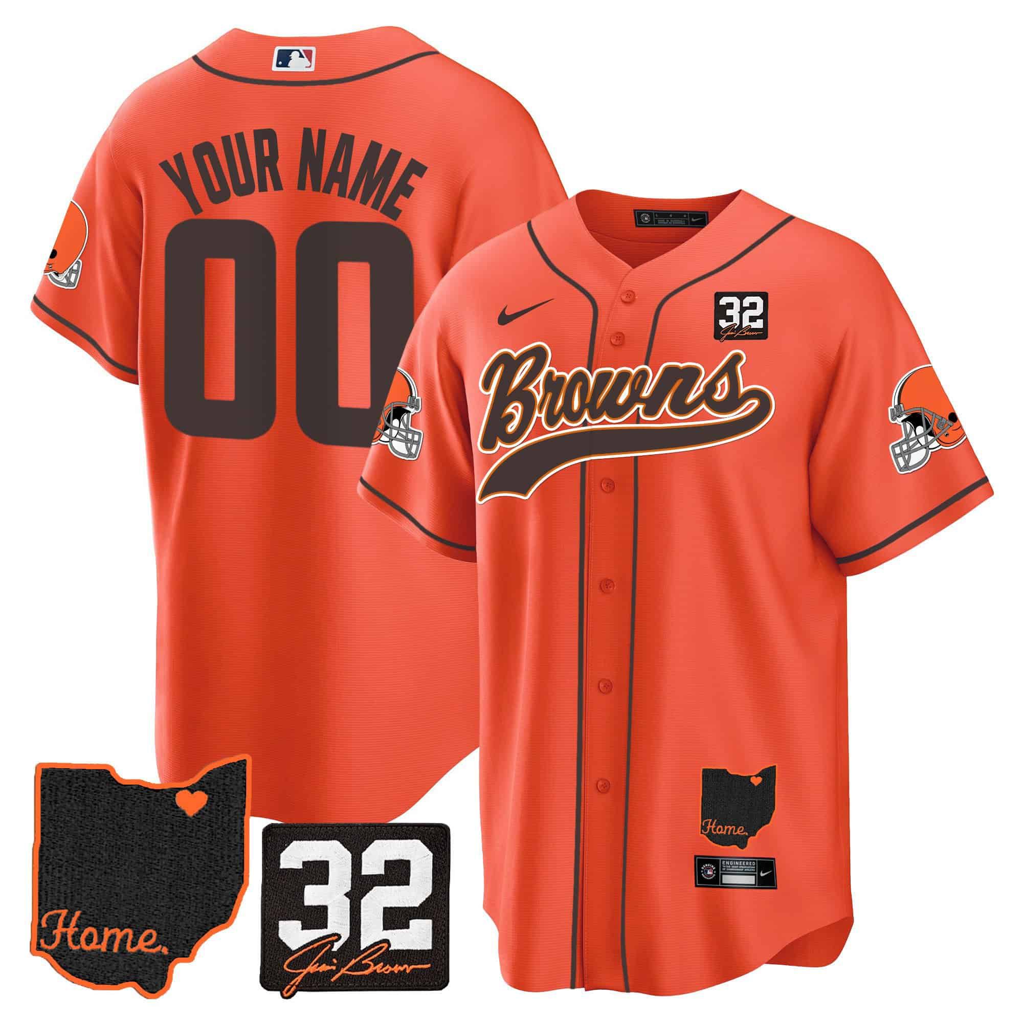 Men Cleveland Browns Orange 32 Jim Brown Memorial Home Patch Baseball Custom 2024 Nike NFL Jersey